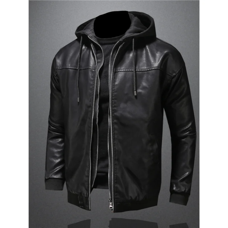 

Мужская модная куртка из искусственной кожи, новая весенняя модель, мотоциклетная куртка с капюшоном, имитация двухслойности, бренд Venus, приталенный крой, байкерская куртка