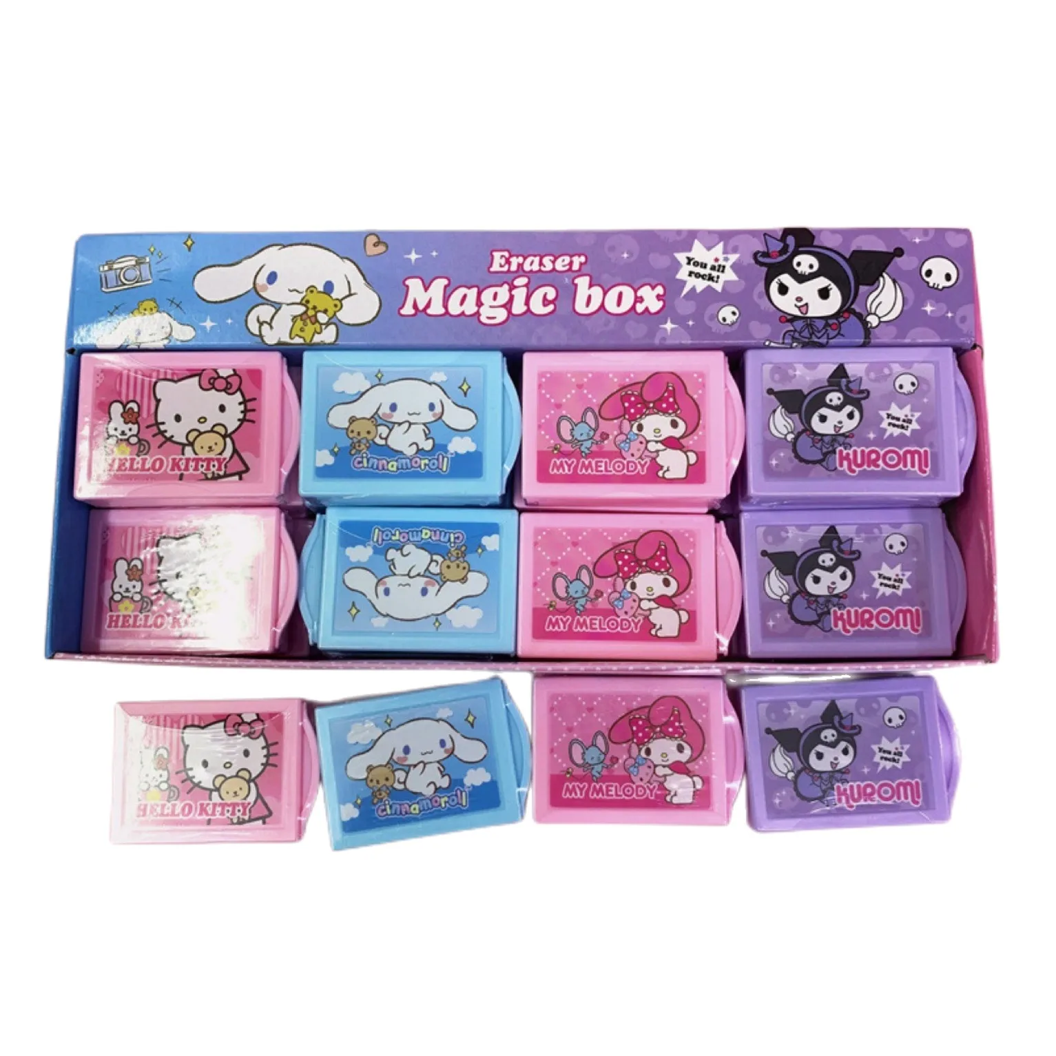 24pcs Anime Kawaii Sanrio Kuromi Magic Box Eraser Scrap Removing Painting Rubber Student Stationery Set Wholesale