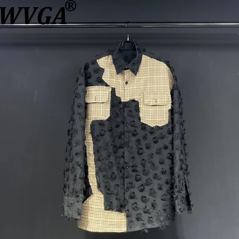 

WVGA Autumn Winter New Man Tide High Street Thick Long Sleeve Patchwork Destroyed Frayed Shirt Niche Chic Casual Tops Ins W13311
