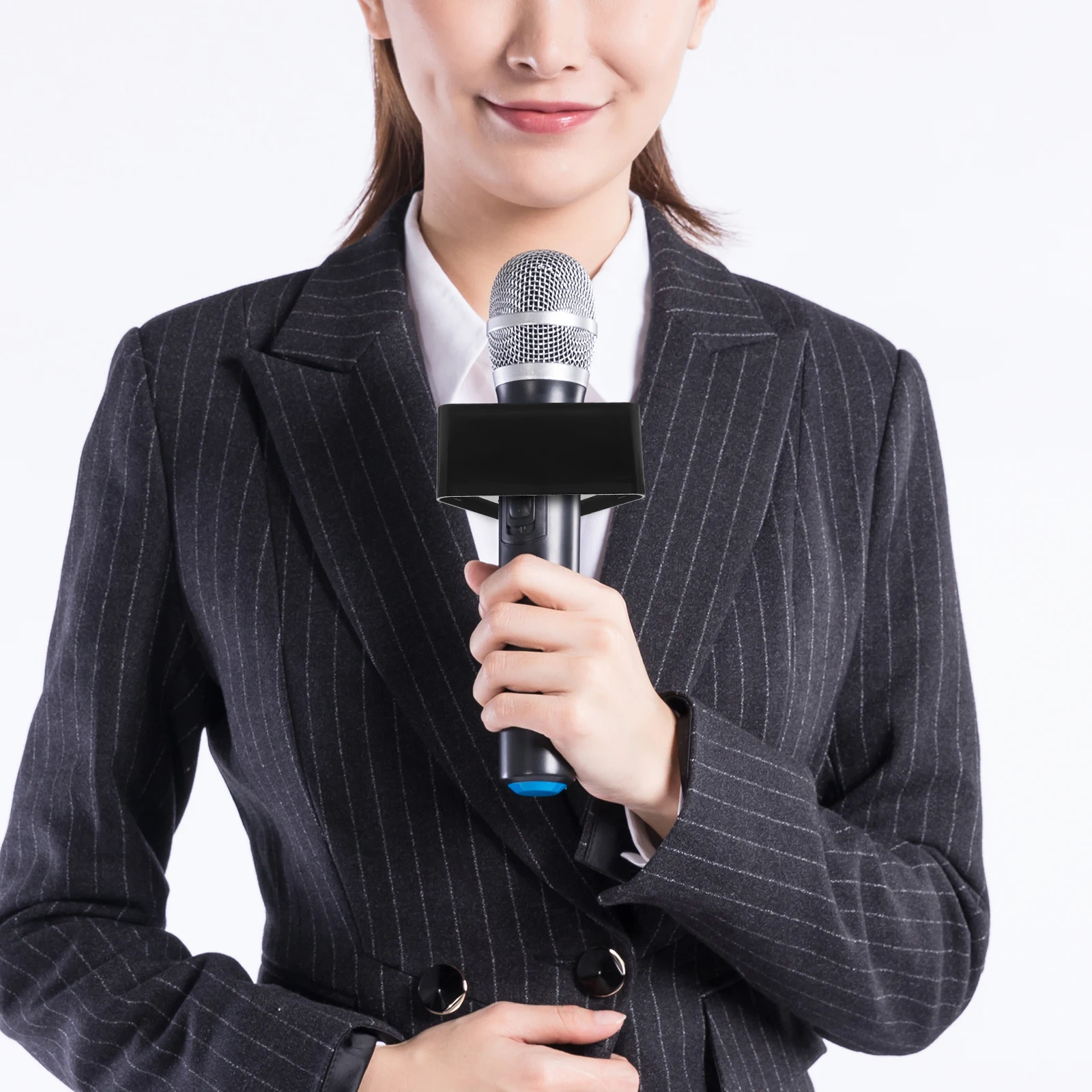 

2Pcs Microphone Flag Station Triangle Cube Interview Mic Stand Desktop Microphone Holder ABS Material for Studios Conferences