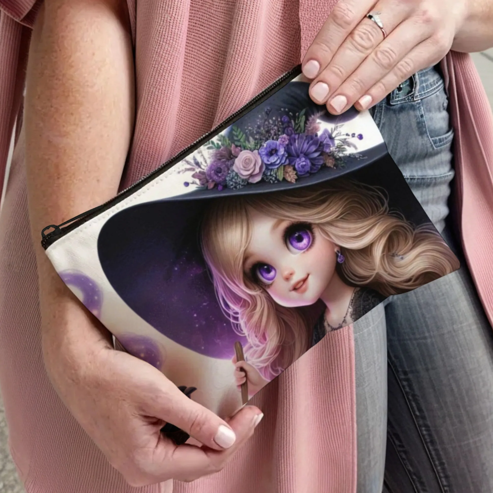 Purple Witch Girl Makeup Bag Lightweight Portable Cosmetic Case with Zipper Closure Ideal for Women Birthday Christmas Gifts
