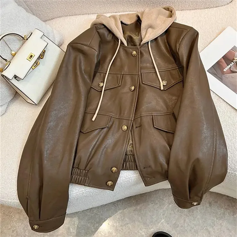 Spring Autumn Fake Two Pieces Hooded Leather Jacket Women 2024 New Fashion Temperament Coat Pure Colour Black Outerwear Female