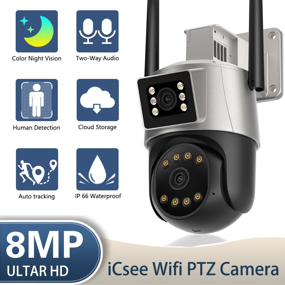 

4K HD Wifi PTZ Surveillance Camera Outdoor Dual Lens Auto Tracking Wireless CCTV Security Cameras 8MP Color Night Vision IP Cam