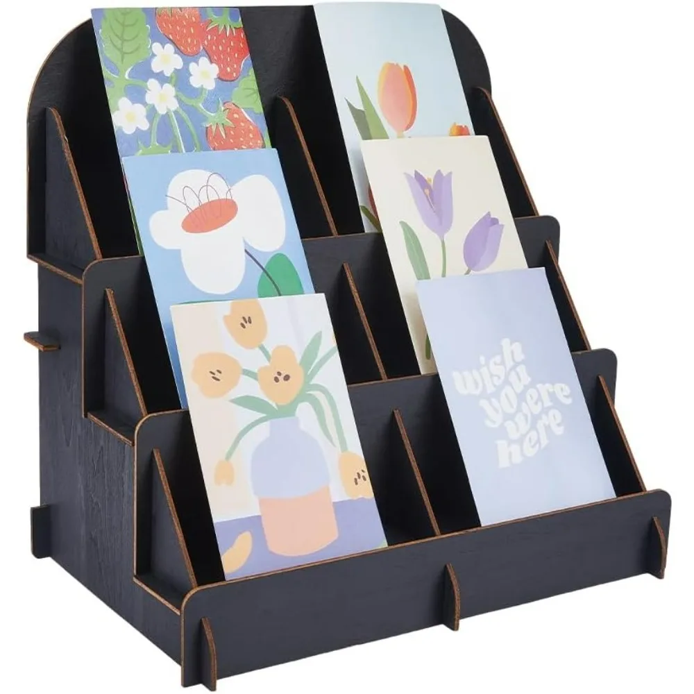 

3-Tier Black Sticker Display Stand Wooden Greeting Card Display Stand Vendors Postcard Organizer Self-Installing Business Card