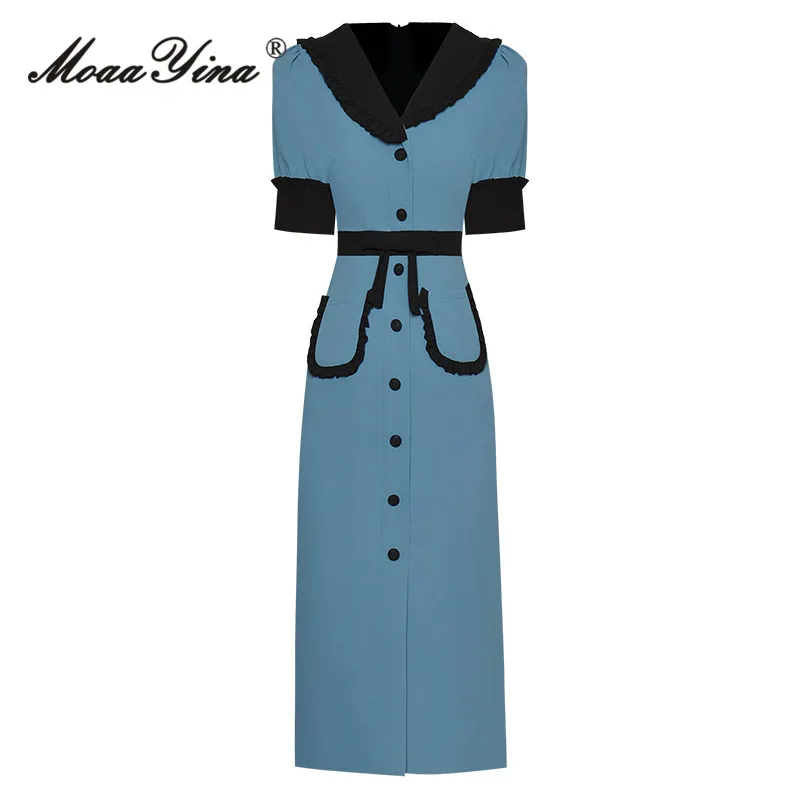 MoaaYina Summer Fashion Runway Vintage Hit Color Dress Women Turn-down Collar Button Bow Pockets Package Buttock Slit Midi Dress