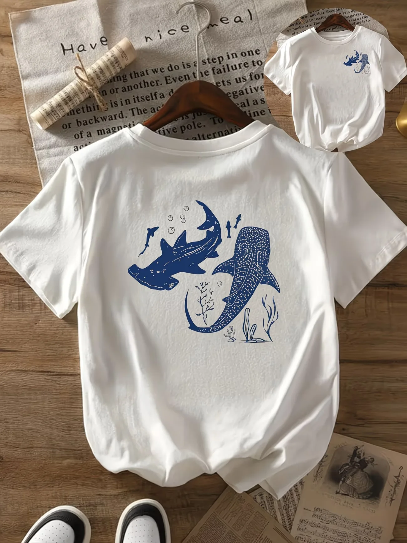 Whale Shark T Shirt Men Women Ocean Life Graphic Tee Hammerhead Shark Back Print Short Sleeve Summer Loose Aesthetic Top