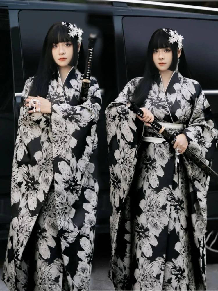 

Традиционный кимоно-халат для фотосессии, черный костюм принцессы Якудза в обновленном японском стиле для девочек-подростков
