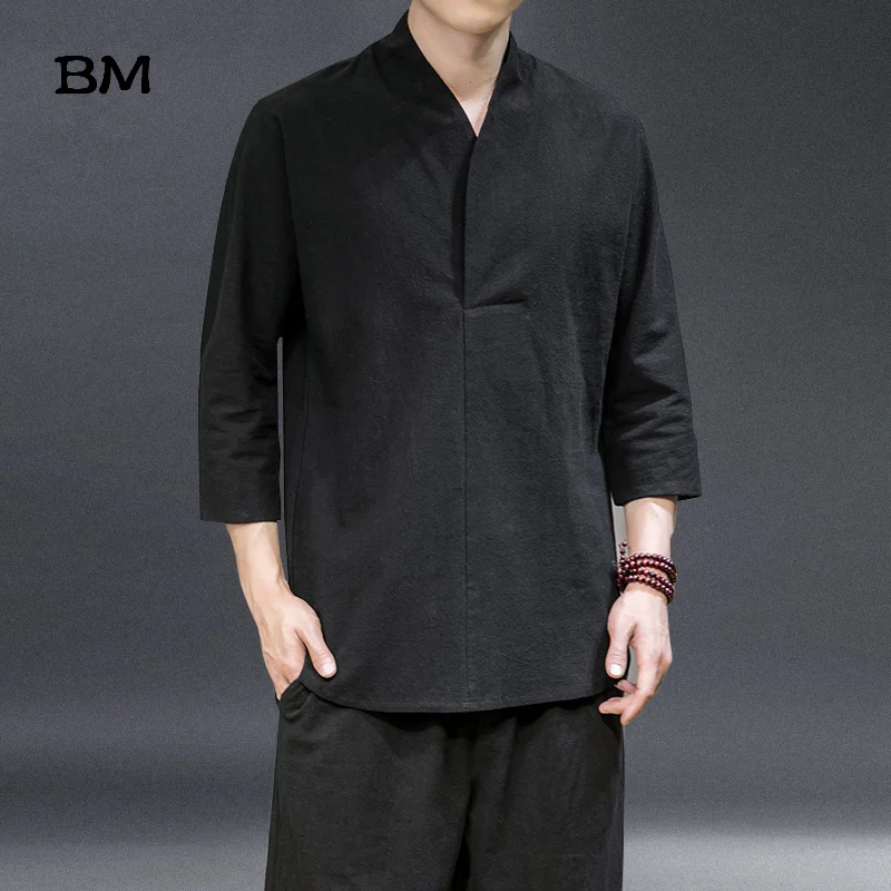 

Chinese Style Cotton Linen T Shirt Men Summer Thin Hanfu Ancient Style 3/4 Sleeves Solid Color Kung Fu Clothes Harajuku Top