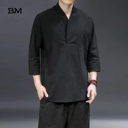 Chinese Style Cotton Linen T Shirt Men Summer Thin Hanfu Ancient Style 3/4 Sleeves Solid Color Kung Fu Clothes Harajuku Top