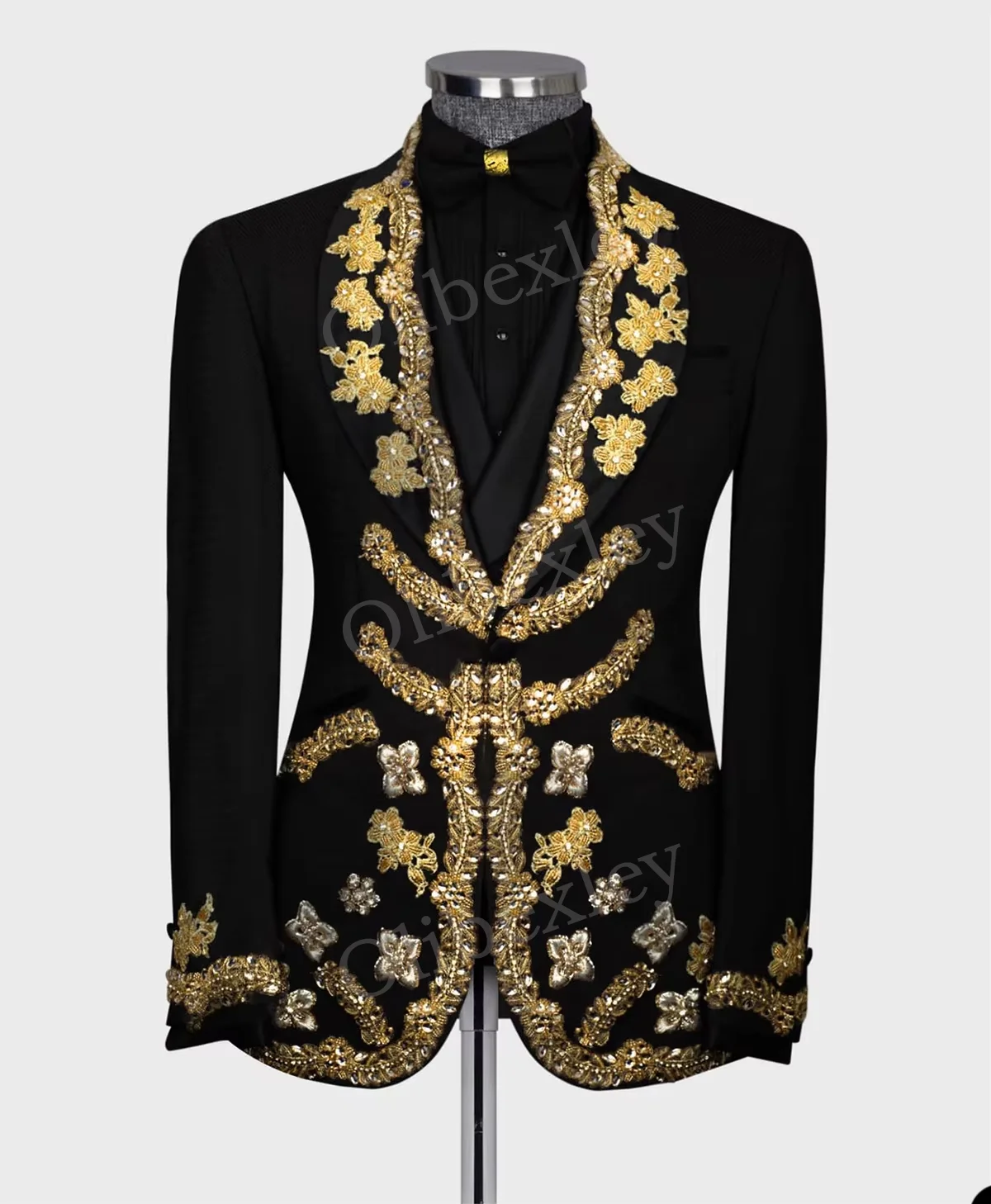 Olibexley Men's Suits Black 2 Pieces Trends Costumes Floral Sequined One Button Slim Fit Tuxedos Wedding Groom Business Prom