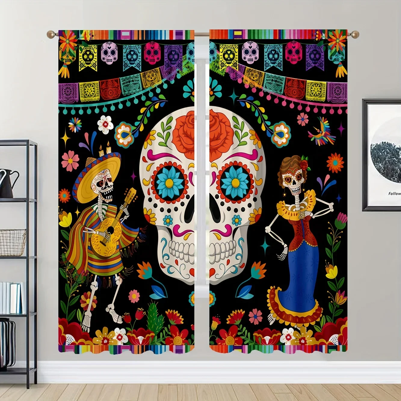 Interesting Undead Skull Pattern Curtains, Suitable for Kitchen, Bathroom, Home, Study, Bedroom,Living Room,Sunshade Cloth, 2Pcs