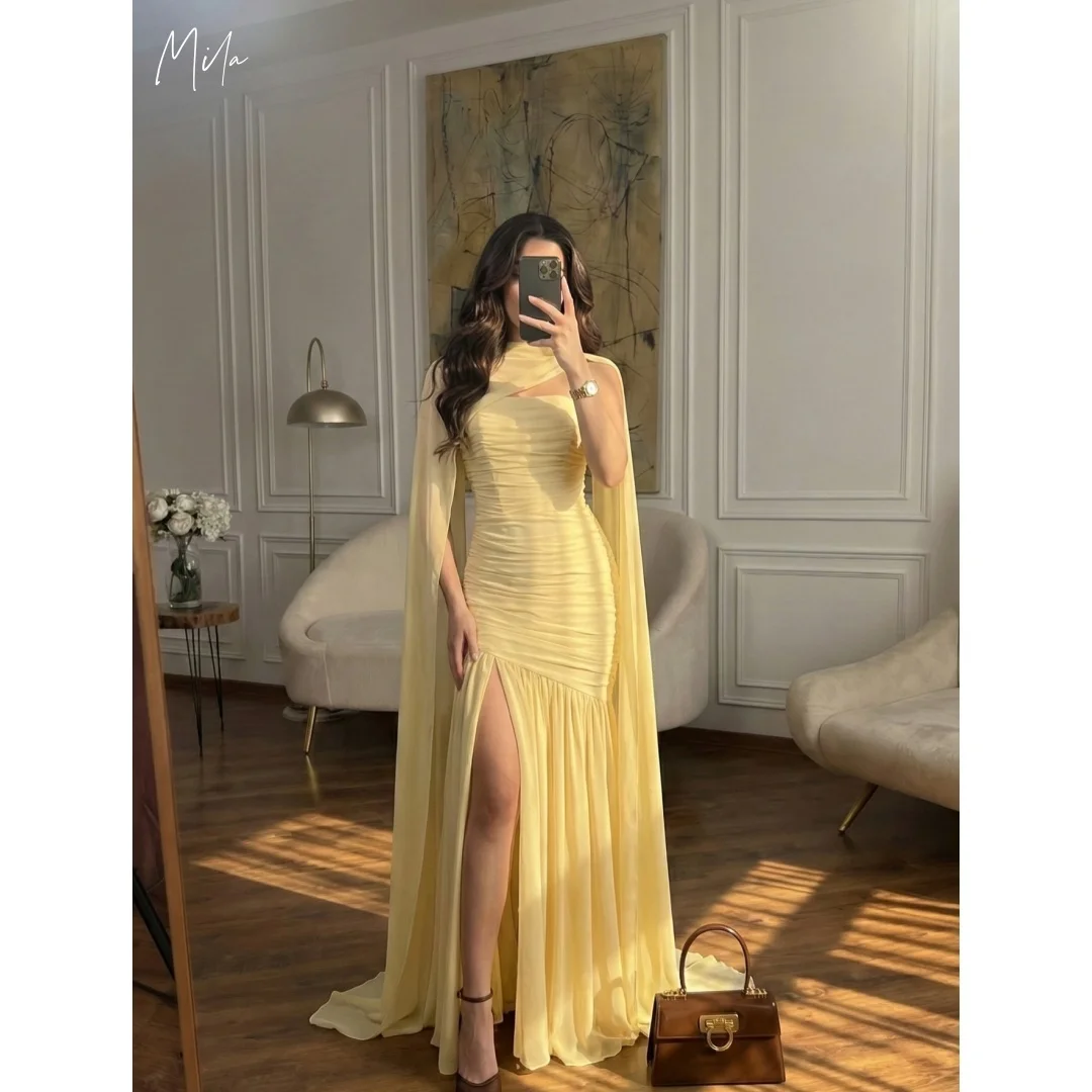 

Mila Butter Yellow Asymmetrical Neck Prom Dresses Ruched Chiffon Cape Sleeve High Slit Mermaid Customized Formal Evening 2026