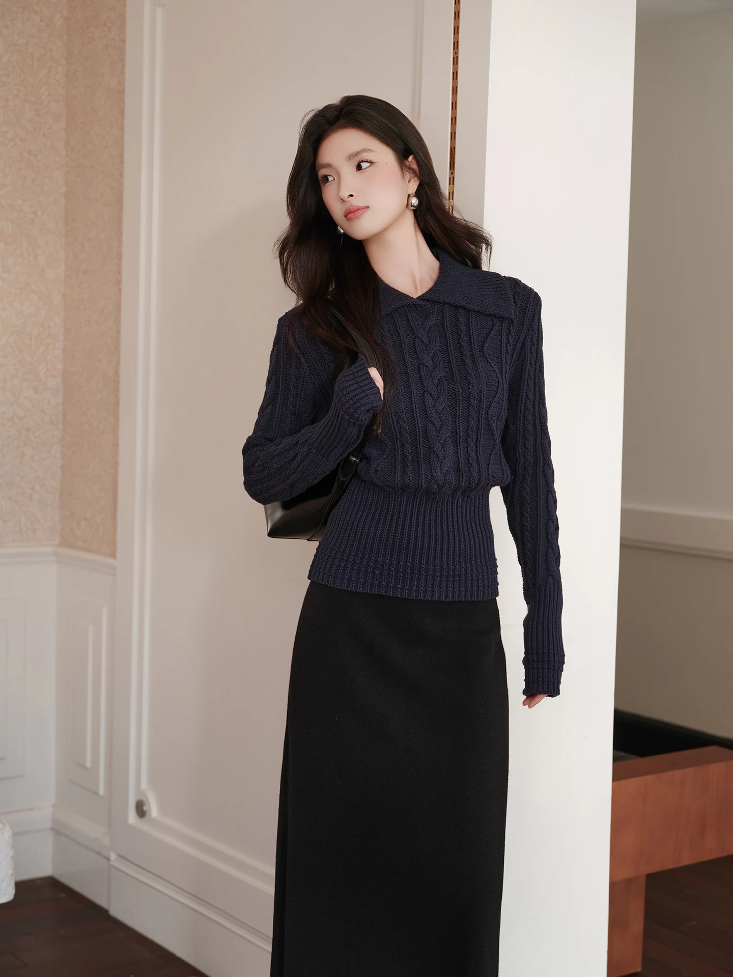 

Женский свитер FT GUOGE, осень-зима 2021, новинка, винтажная верхняя одежда с отложным воротником, утягивающий топ из хлопка, акрилового волокна