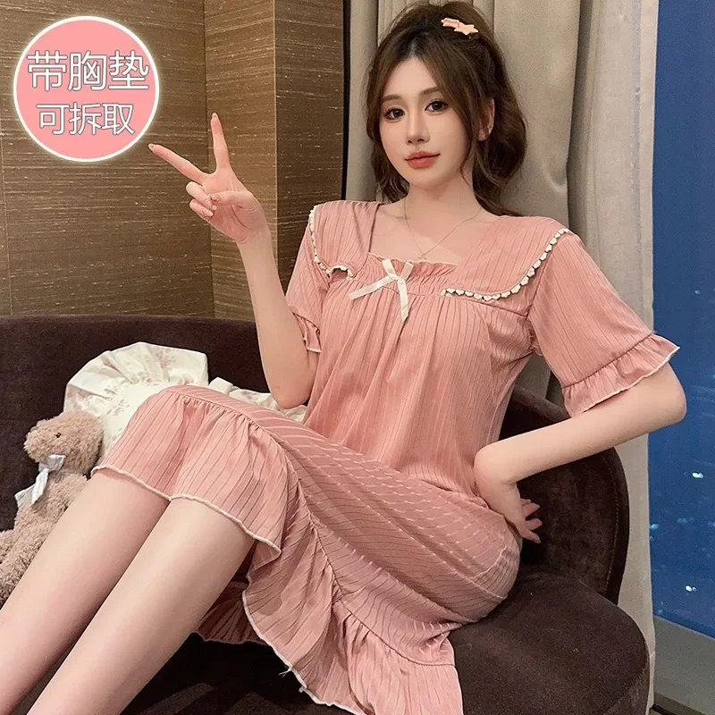 150KG 6XL Oversized Nighegown with Chest Pads Women Korean Sweet Pajamas Summer Short Sleeve Midi Sleep Dress Loose Outer Wear