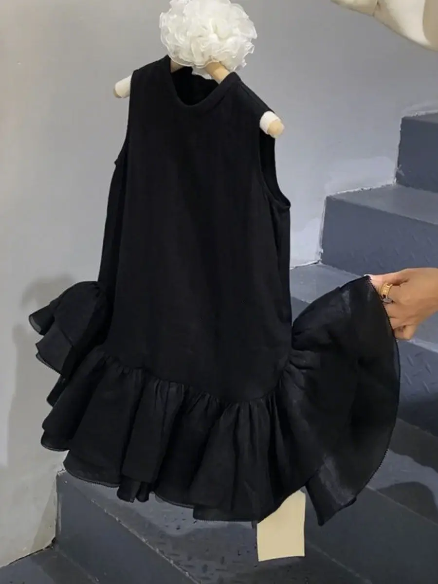 

Girls Summer Fashion Long Dress Black Vest Dress Korean Style mid Waist Soft Fabric No Elasticity Suitable for Ages 2-14