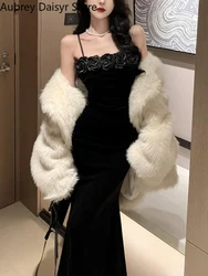 Winter Black Velvet Floral Long Dress Women Vintage Spaghetti Strap Sleeveless Dress Fashion Casual Sexy Evening Party Dress New