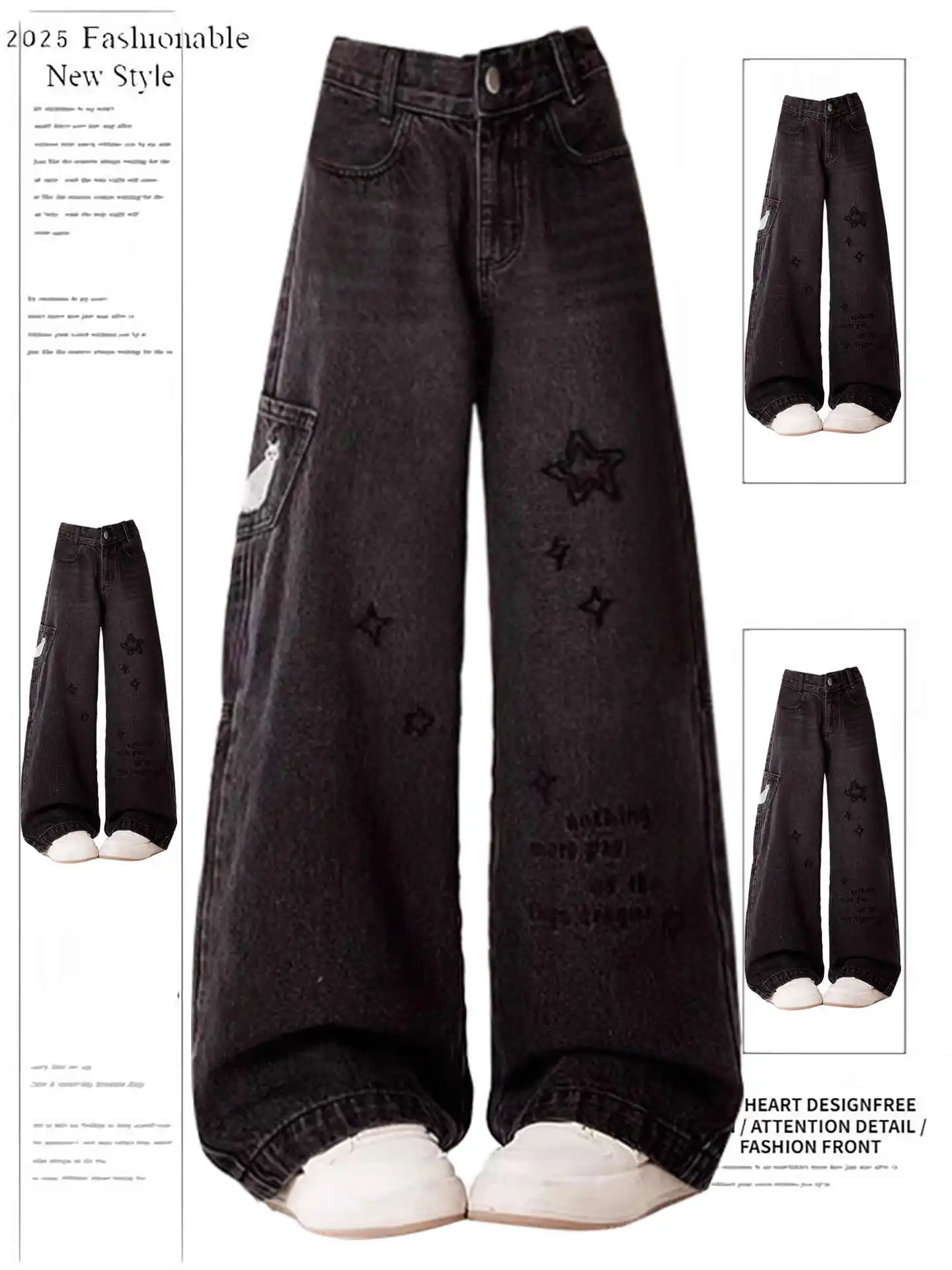 

Women's Black Gothic Y2k Baggy Cargo Jeans Japanese 2000s Style Jean Pants Vintage Harajuku Star Denim Trousers Clothes Autumn