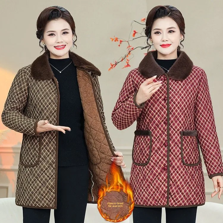 

Утепленное пальто с пышным воротником в клетку из хлопка для женщин: модная зимняя теплая верхняя одежда средней длины на флисовой подкладке