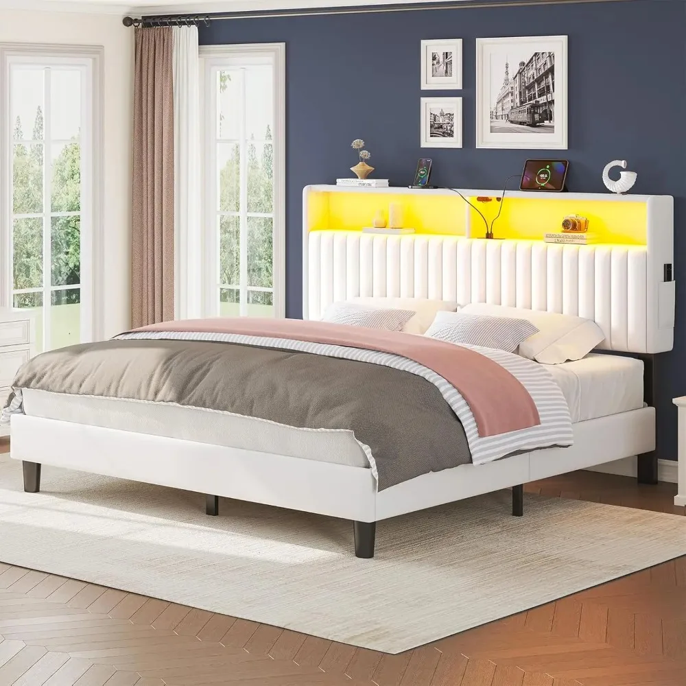 

Seventable Full Size Bed Frame with Charging Station, LED Bed with Velvet Upholstered Storage Headboard, Metal Platform with Und