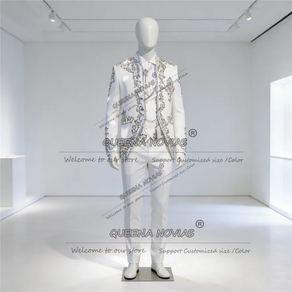 Luxury Crystals Beaded Suit Attire For Men Slim Unique Design Groom Wedding Tuxedos Customized Man Business Banquet Prom Blazer