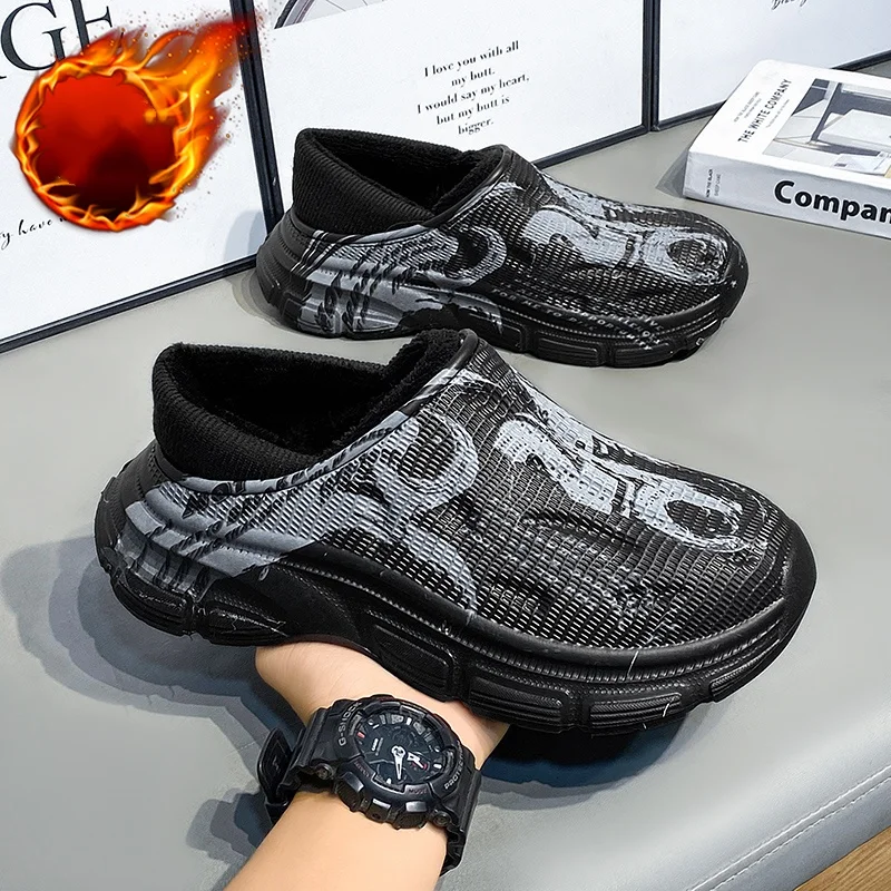 شبشب قطني للرجال، نمط جديد للخريف والشتاء، نعل داخلي سميك، مبطن بالصوف، دافئ، غير قابل للانزلاق، مقاوم للماء، حذاء قطني مغلق من الأمام #1