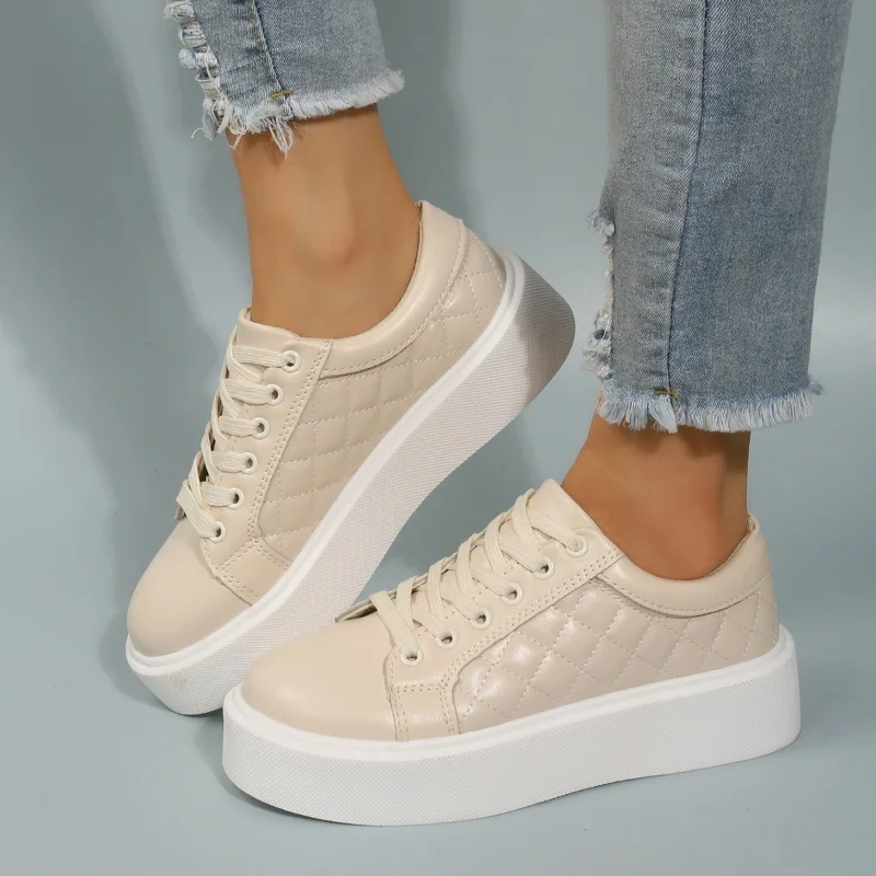 2023 Spring Autumn Genuine Leather Women Sneakers White Cowhide Platform Sneakers Women Simple Lace Up Flat Sneakers Woman