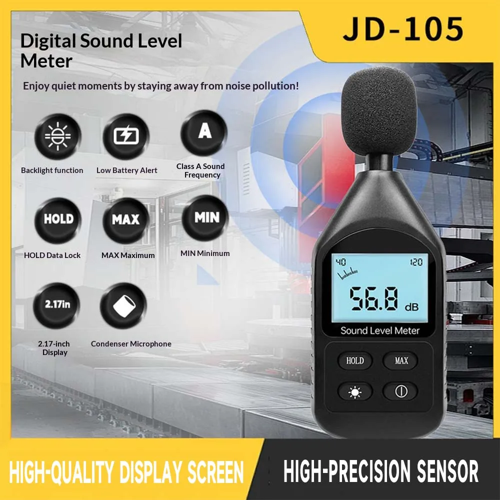 

Digital Sound Level Meter: Real-Time Noise Detection, Backlit Screen, Wind Shield, AA Battery-Powered, MAX/MIN Hold