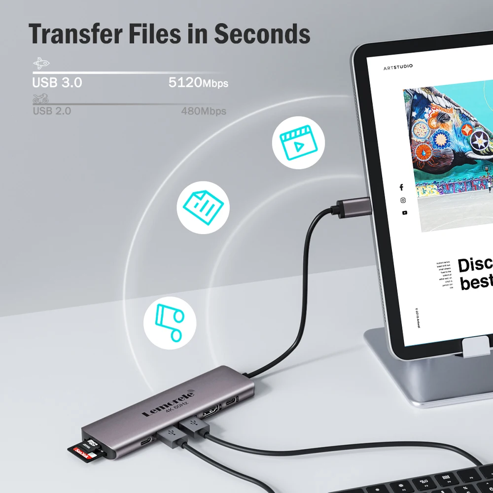 

Lemorele TC45L Порты 7-в-1 USB 3.0 Hub Type C 3.0 Быстрое зарядное устройство 4k@60HZ HDMI USB C Док-станция для Windows MacOS ноутбука Dell