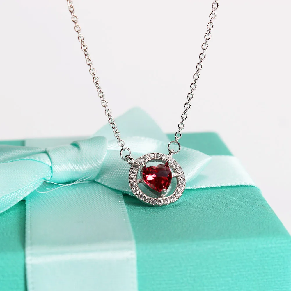 Fashion Women Red Love Heart Silver Color Necklace Women With AAA Cubic Zirconia Clavicle Chain Jewelry Engagement Gift