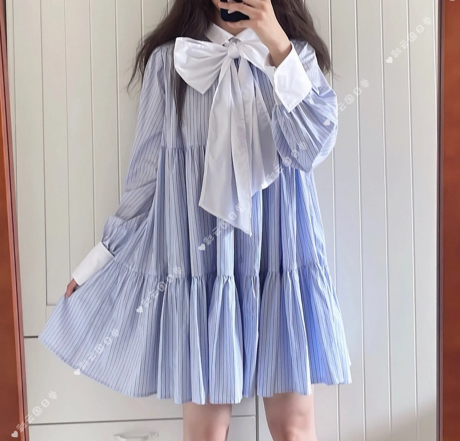 Elegancka francuska koszula z dużą kokardą, długi rękaw, styl japoński, damska luźna sukienka wyszczuplająca, krótka, codzienna, bazowa koszula/top.