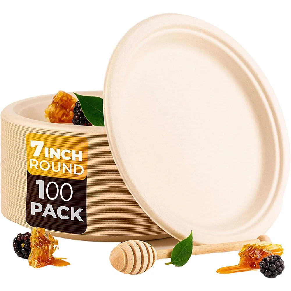 100 Stück 7 Zoll kompostierbare runde Einweg-Bagasse-Pappteller, biologisch abbaubare Zuckerrohrfaser