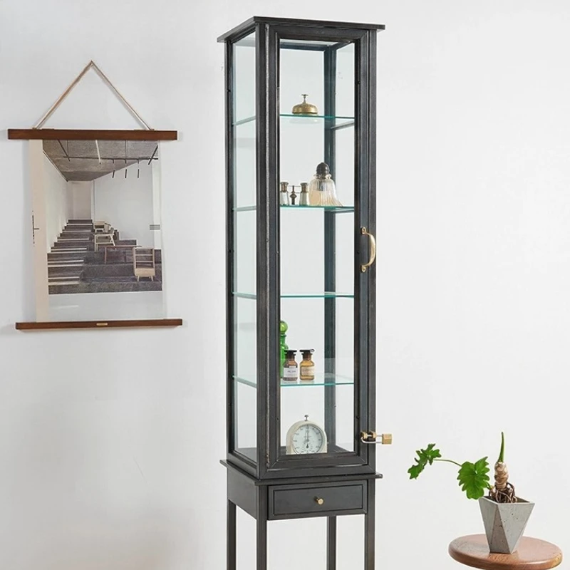 

Industrial wind LOFT wrought iron glass display cabinet Metal cabinet Transparent figure model cabinet Universal wheel