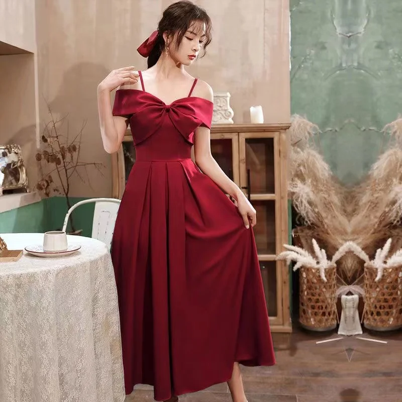 French Style Autumn and Winter Hepburn Waist Dress Red Suspender Middle Length Dress Engagement Anniversary Dress