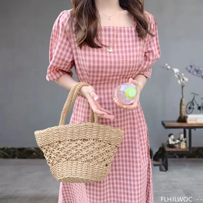 Vintage Cute Dresses Woman Summer Short Sleeve Bow Tie Lace-Up Slim Waist Korean Style Japan Design Cotton Plaid Dress Pink 5826