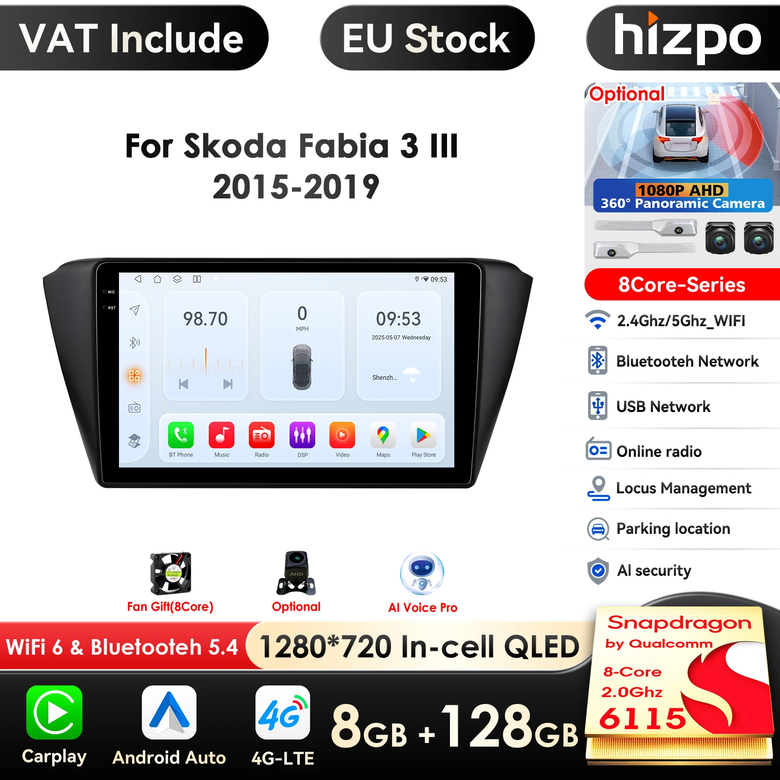 Carplay 4g 9 "Autoradio Android für Skoda Fabia 3 III 2015 2016 2017 2018 2019 Multimedia-Player Navigation GPS 2 Din Stereo DSP