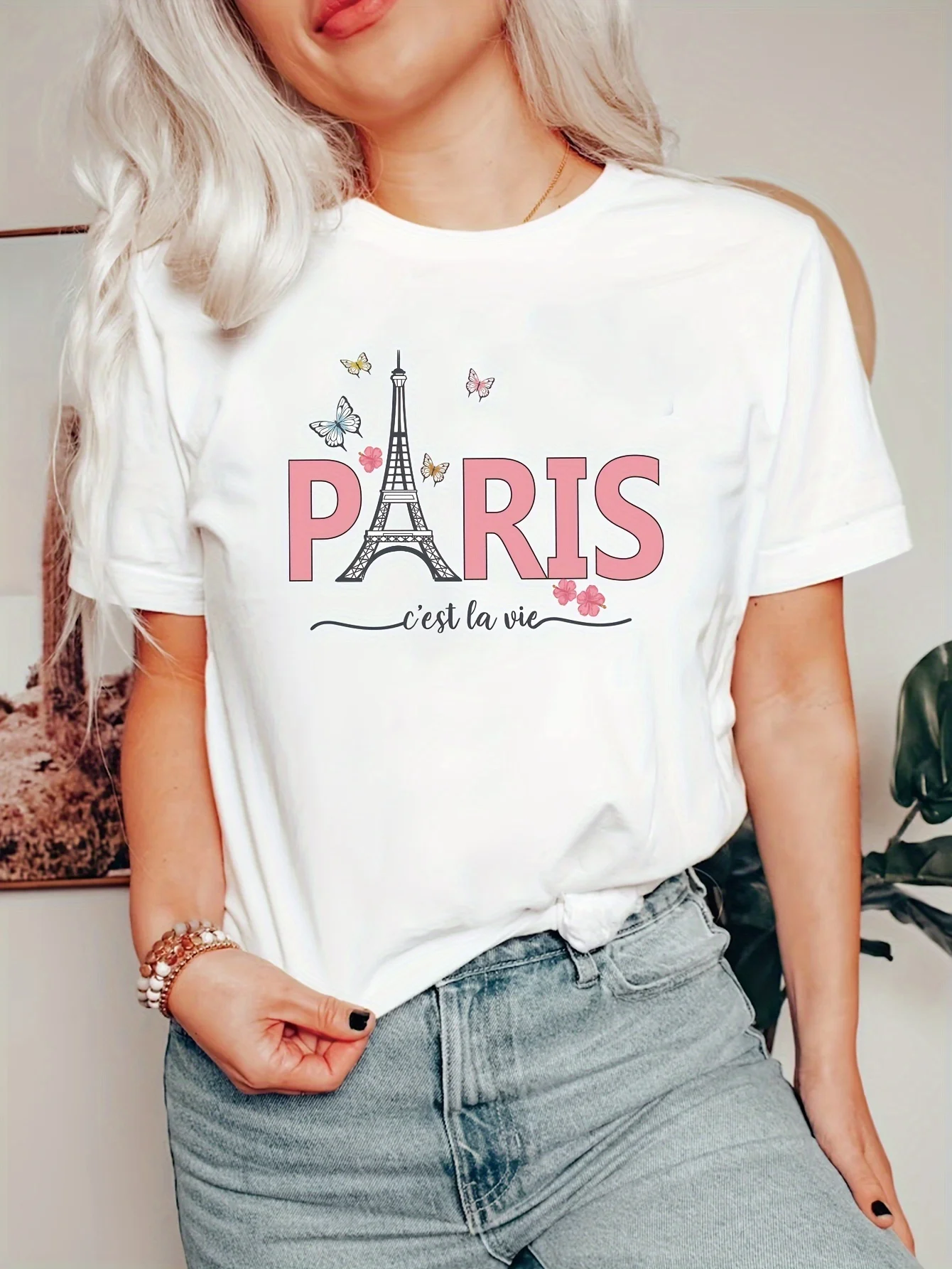 Paris Print Crew Neck T-Shirt Casual Short Sleeve T-Shirt for Spring & Summer Women's Clothing