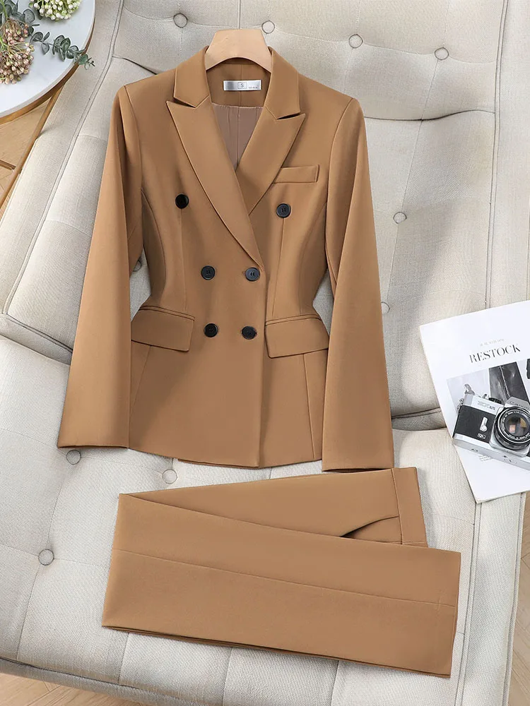 

Fashion Ladies Pant Suit Women Blue Gray Khaki Black Female Business Work Wear Jacket Blazer and Trouser Formal 2 Piece Set