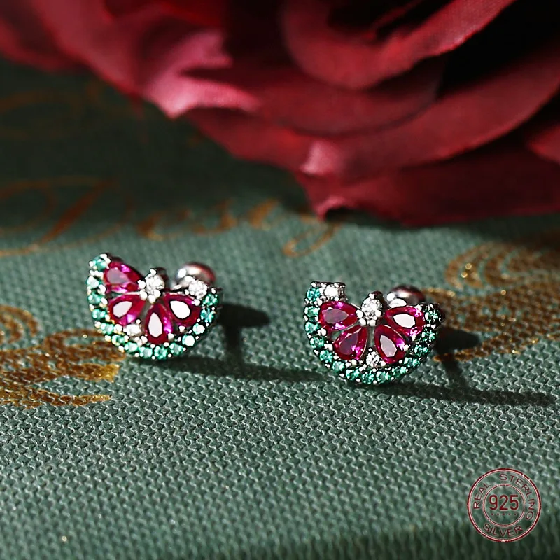 925 فضة موضة لطيف البطيخ على شكل الزركون وأقراط الهدايا الإبداعية المرأة مجوهرات الصيف حفلات أعياد الميلاد