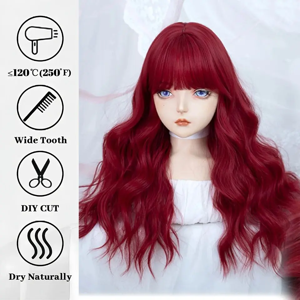 YELOWTIM Light Wine Red Synthetic Wigs With Bangs for Women Long Wavy Hair Wig Natural Cosplay Party Heat Resistant