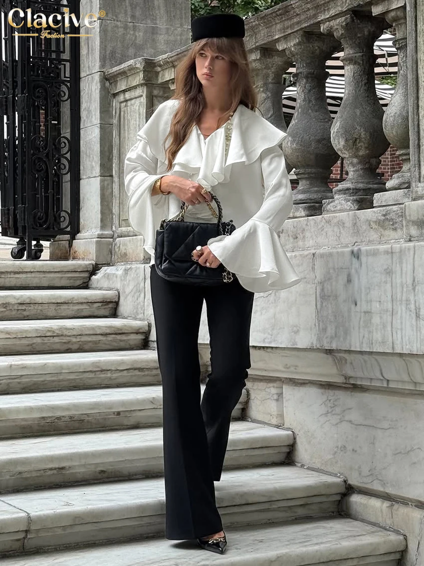 Clacive Fashion Loose White Satin Women's Shirt 2025 Casual V-Neck Long Sleeve Shirts Elegant Classic Solid Top Female Clothing