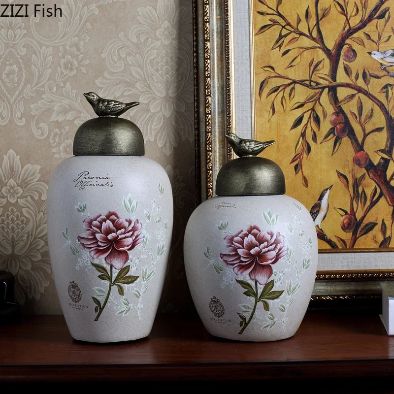 

Peony Flower Painted Porcelain Jar 2 Pcs/set Retro Flower and Bird Ceramic Storage Jars with Lid Desk Decoration Flower Vases