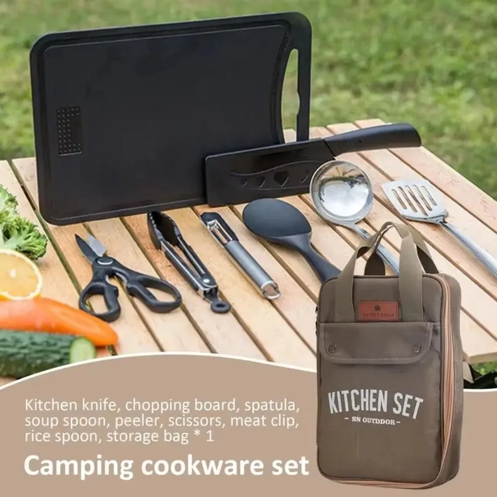

8pcs 304 Stainless Steel Travel Utensils Set Wear-resistant Oxford Cookware Storage Bag Handheld Camping Tools