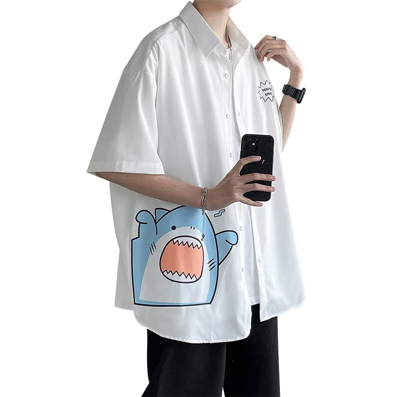 2025 Summer Men's Cartoon Print White Thin Short Sleeve Shirt Japanese Style Loose Casual Black Blue Plus Size Half Sleeve Shirt
