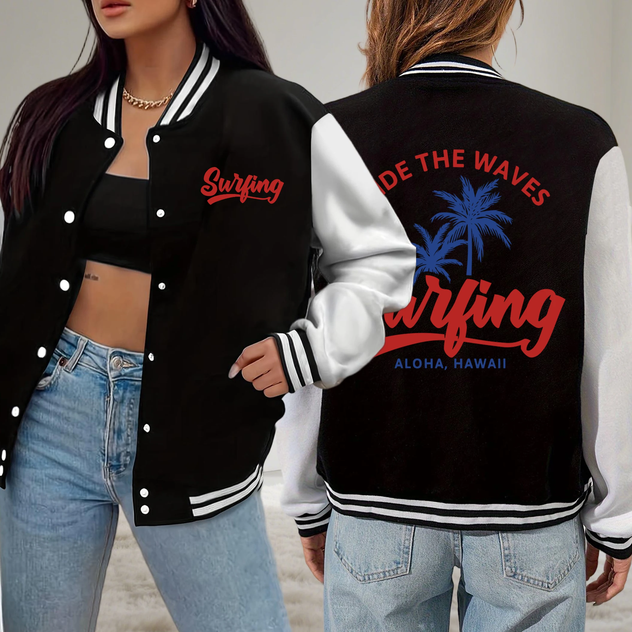 

Ride The Waves Surfing Aloha Hawaii Coconut Tree Design Women Baseball Uniform Loose Pocket Jacket Autumn Fleece Clothing