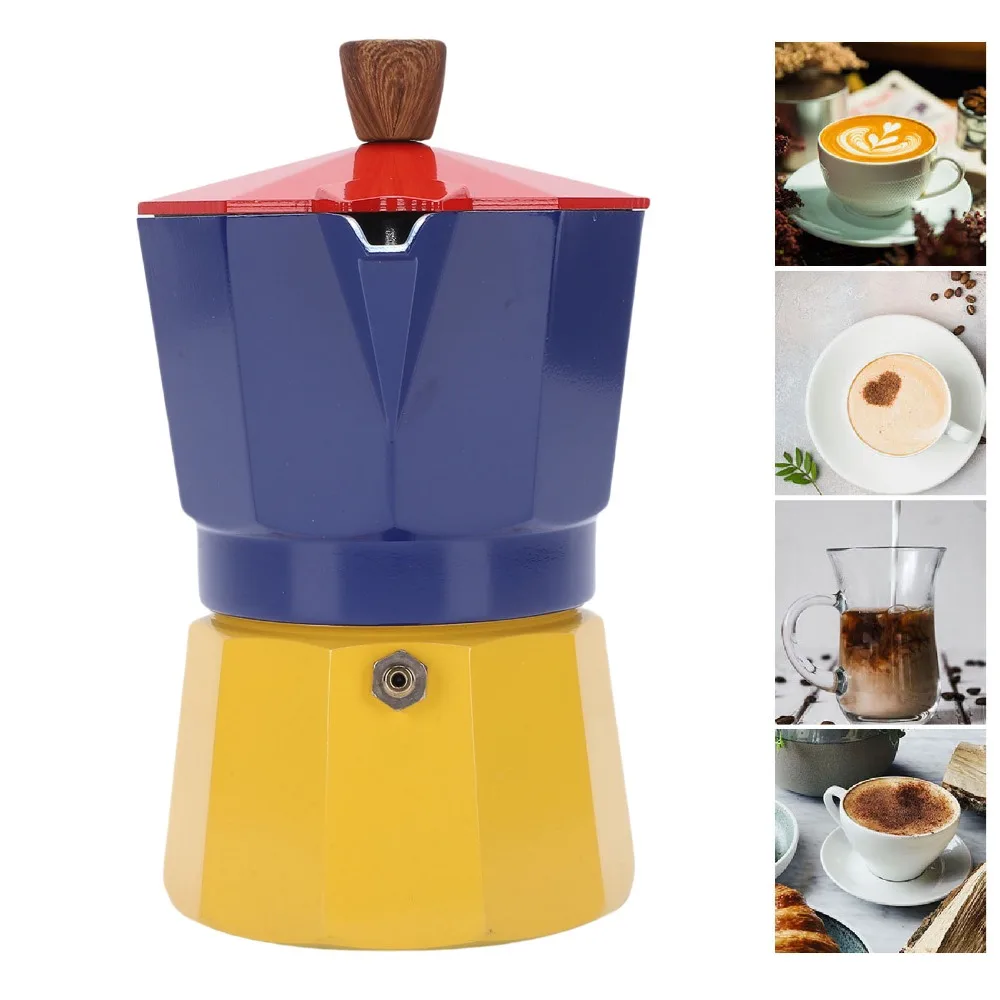 Aluminum Stovetop Coffee Maker 3 Cup Capacity Single Valve System Italian Coffee Pot Colorful Finish 150ml Volume