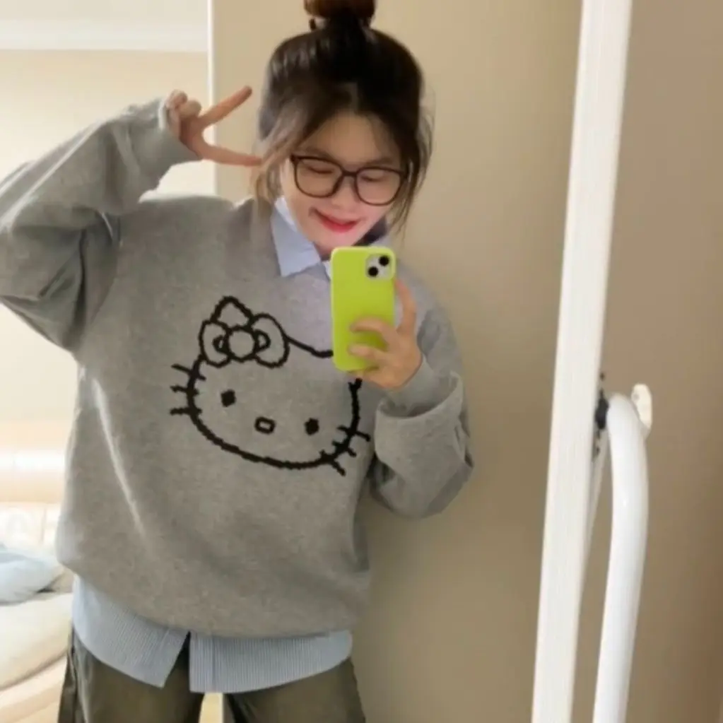 Miniso Hello Kitty Pullover Pure Cotton Printing Round Neck Hoodie Sweatshirt Leisure VersatileLong Sleeves Will Not Pill Tops