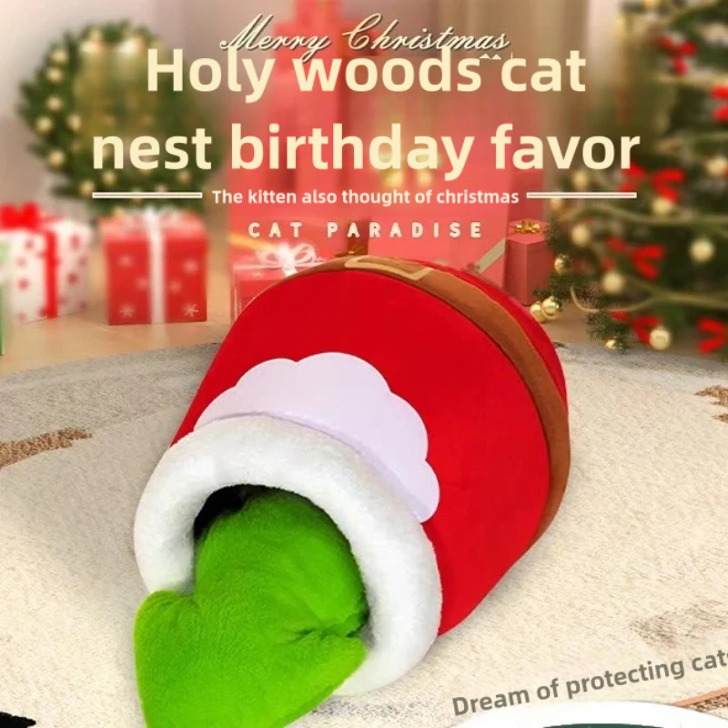 

Christmas Cat Bed Deep Sleep Warm Pet Basket Cozy Cat House Kitten Lounger Cushion Cat Nesk Tent Soft Small Dog Mat Bag Cave