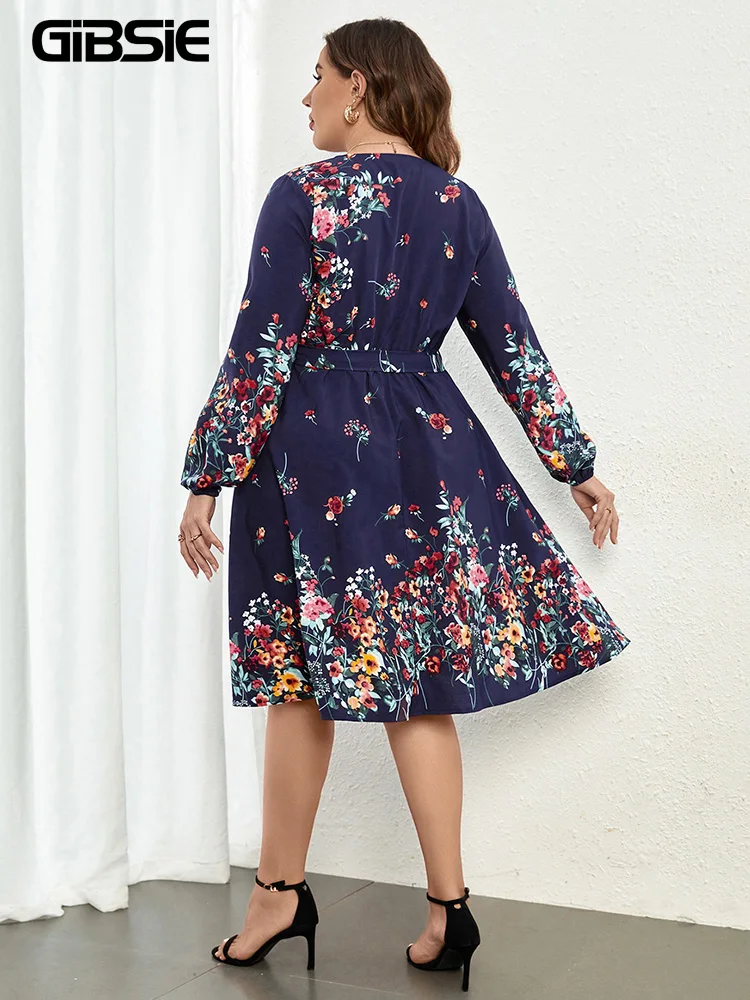 GIBSIE Plus Size Floral Print Surplice Neck Belted Dress Women Spring Fall Long Sleeve Boho Female A-line Midi Dresses 2022