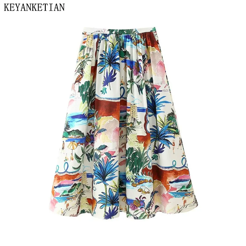 

KEYANKETIAN 2024 New Launch Women's Holiday wind Printed MIDI Skirt Summer Side Zipper High-waisted A-line Ankle-length Skirt