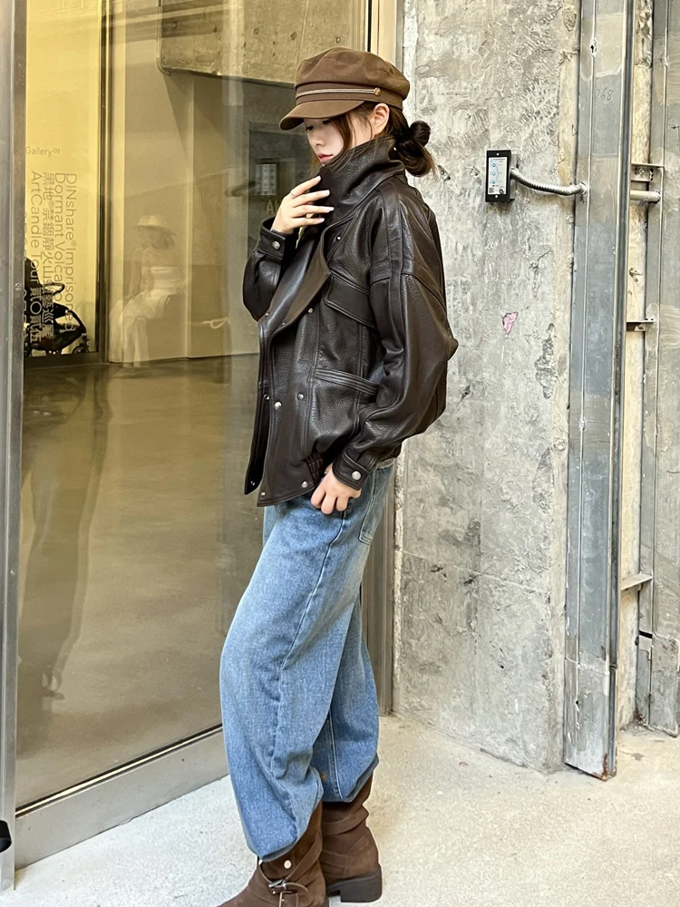 

Vintage Brown Real Leather Jacket Women's Flight Jacket Loose Fit Sheep Skin Cool Style Long Sleeve Zipper Closure Coat